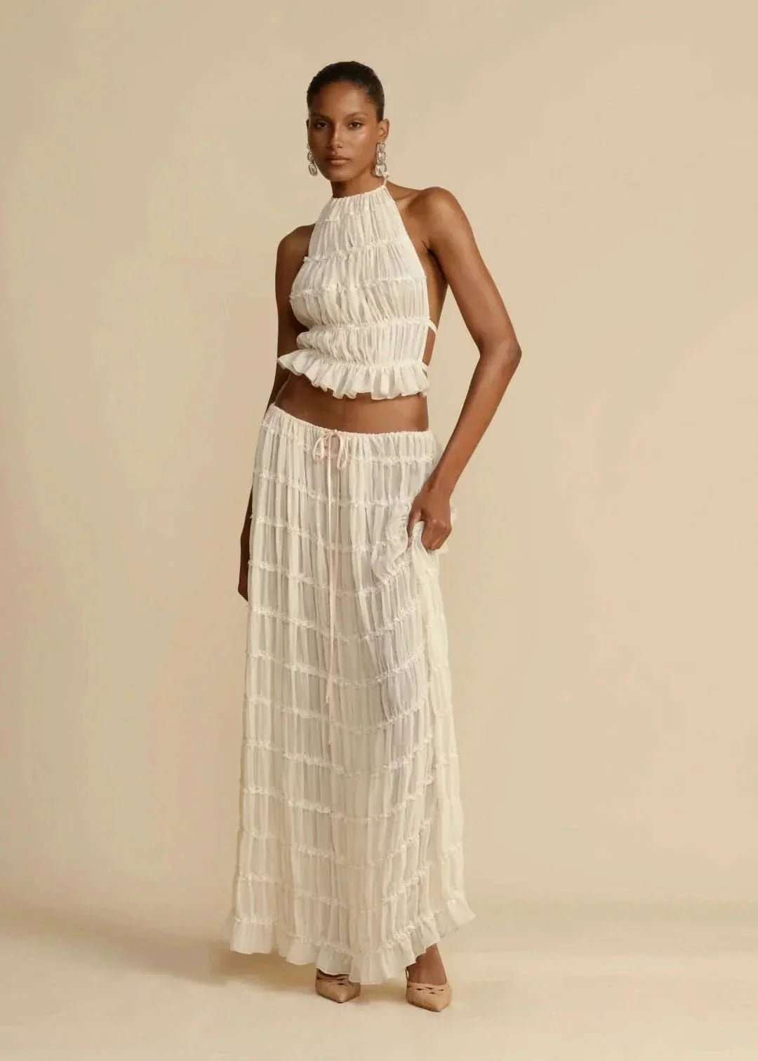 Dwuczęściowy letni strój dla kobiet z boho-spódnicą i bluzką bez ramiączek – Alina-S-Trend Polska