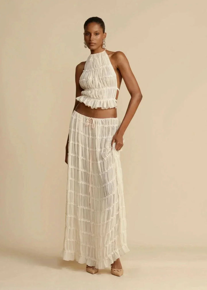 Dwuczęściowy letni strój dla kobiet z boho-spódnicą i bluzką bez ramiączek – Alina-S-Trend Polska
