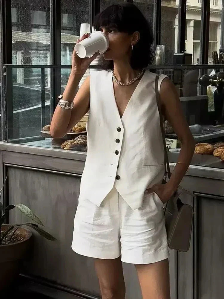 Dwuczęściowy letni strój z vintage'ową bluzką – Amaya-ciemnoniebieski-XS-Trend Polska