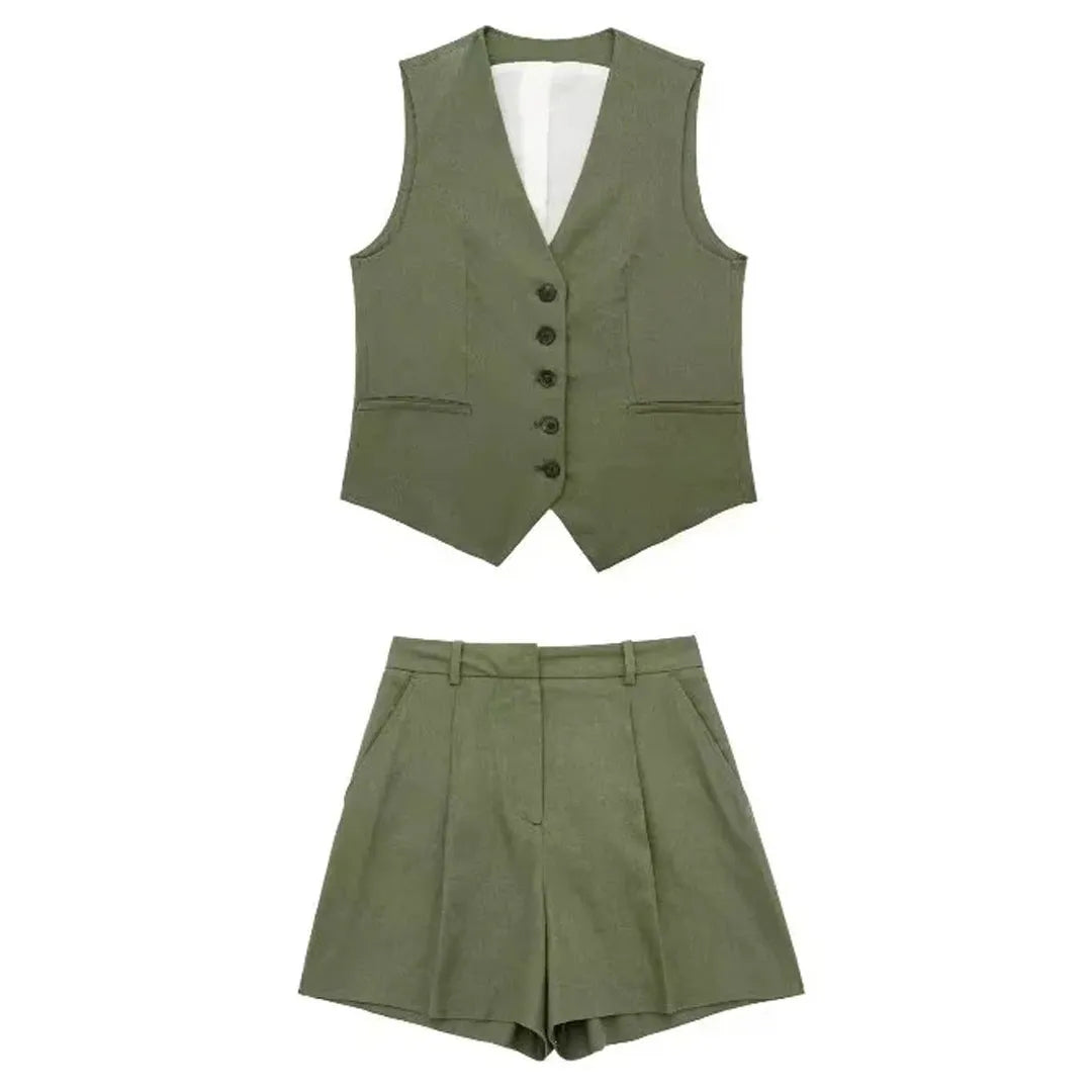 Dwuczęściowy letni strój z vintage'ową bluzką – Amaya-Zielony wojskowy-XS-Trend Polska