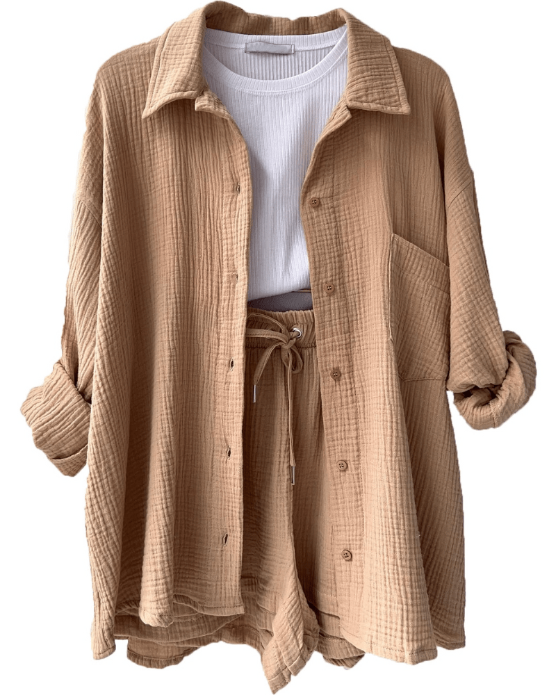 Dwuczęściowy letni zestaw damski z koszulą i spodniami – Mila-Khaki-S-Trend Polska