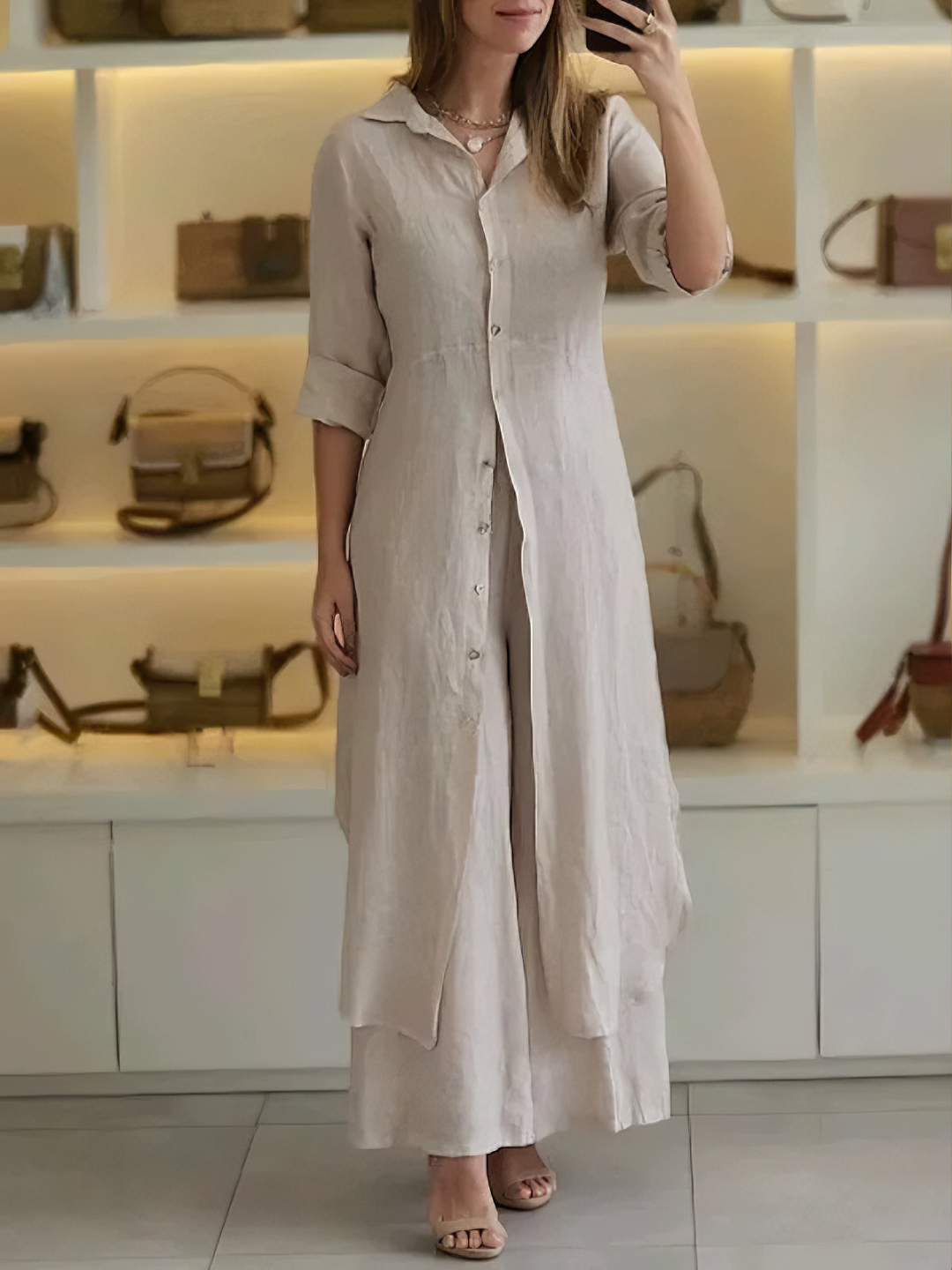 Dwuczęściowy letni zestaw damski z lnu – Amaya-Khaki-S-Trend Polska