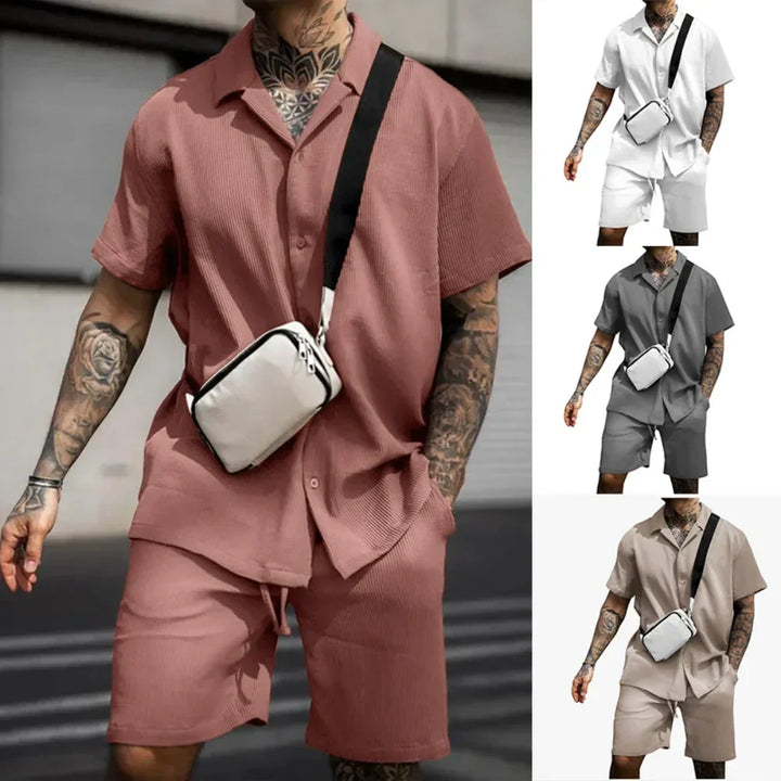 Dwuczęściowy letni zestaw dla mężczyzn z koszulą i szortami – Milan-Khaki-S-Trend Polska