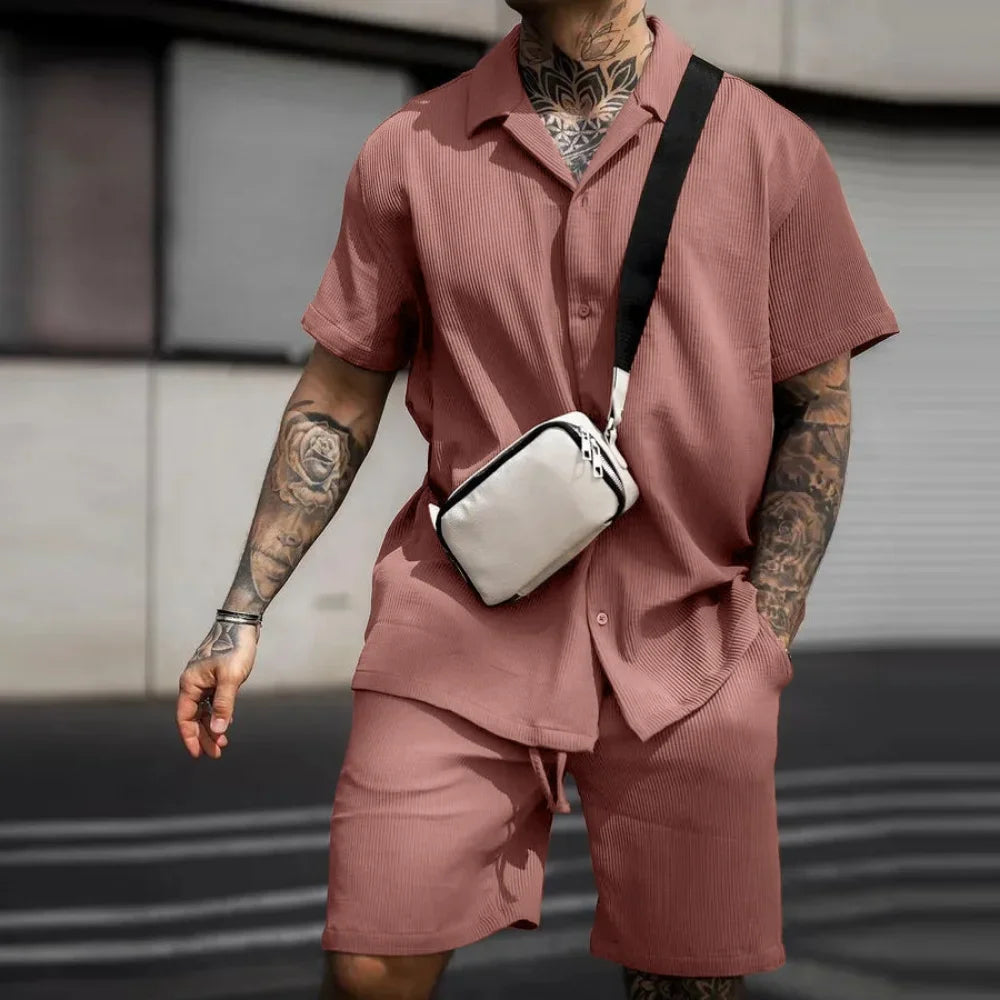 Dwuczęściowy letni zestaw dla mężczyzn z koszulą i szortami – Milan-Khaki-S-Trend Polska