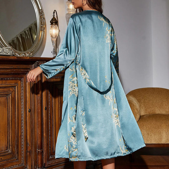 Dwuczęściowy satynowy zestaw nocnej bielizny dla kobiet z sukienką na ramiączkach i kimono – Salena-Niebieski-S-Trend Polska