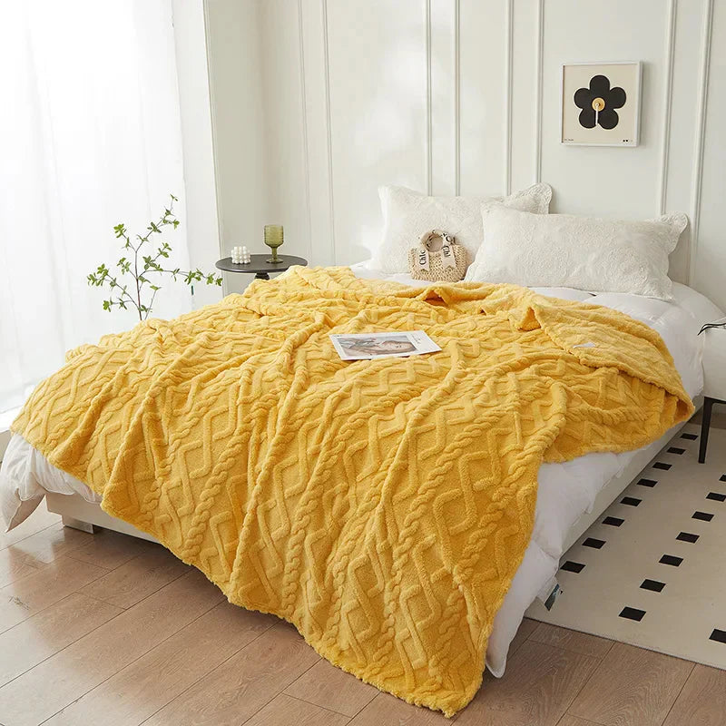 Dwustronny Gruby Wełniany Koc - CozyLuxe-Żółty-70x100cm-Trend Polska