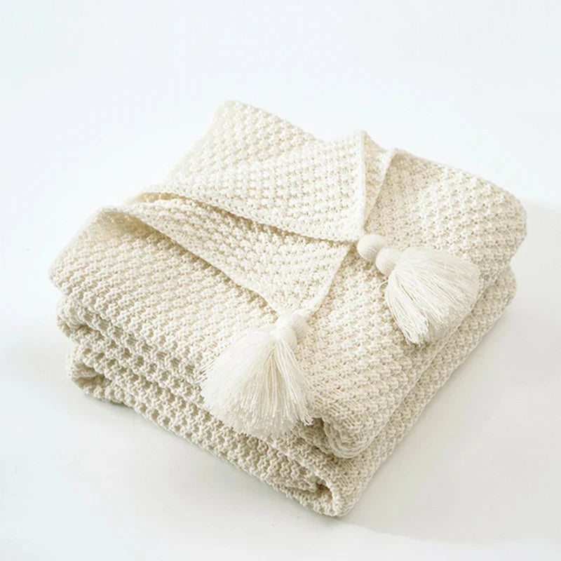 Dzianinowy wełniany koc z frędzlami - NordicCozy-Beżowy-110x150cm-Trend Polska