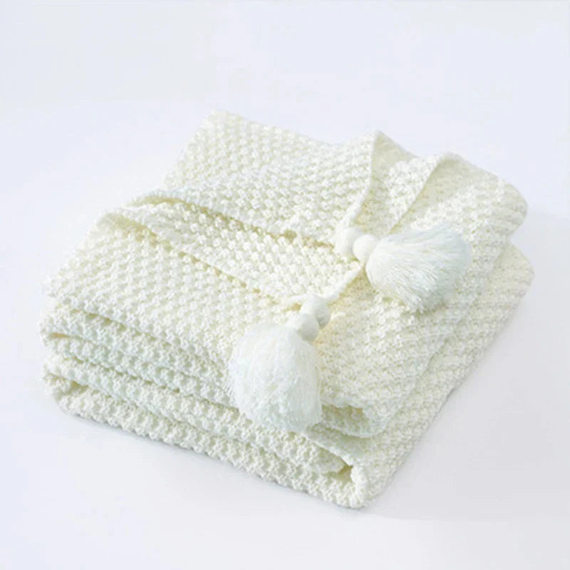 Dzianinowy wełniany koc z frędzlami - NordicCozy-Biały-110x150cm-Trend Polska
