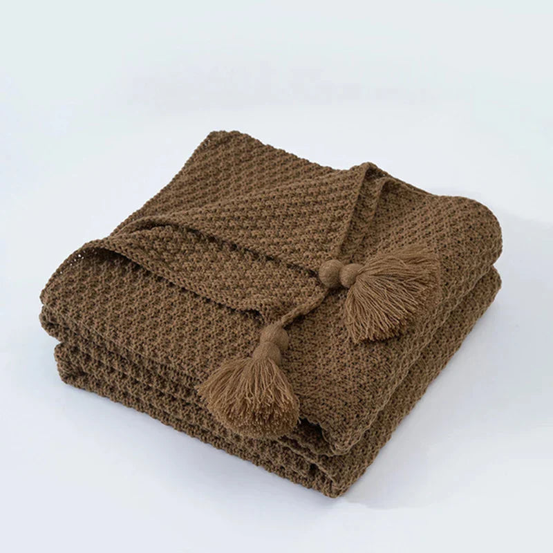 Dzianinowy wełniany koc z frędzlami - NordicCozy-Brązowy-110x150cm-Trend Polska