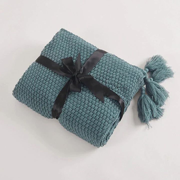 Dzianinowy wełniany koc z frędzlami - NordicCozy-Jasnozielony-110x150cm-Trend Polska