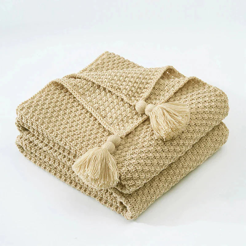 Dzianinowy wełniany koc z frędzlami - NordicCozy-Khaki-110x150cm-Trend Polska