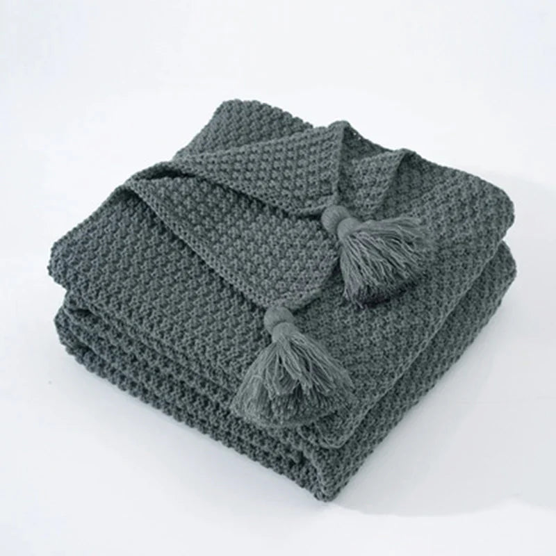 Dzianinowy wełniany koc z frędzlami - NordicCozy-Szary-110x150cm-Trend Polska