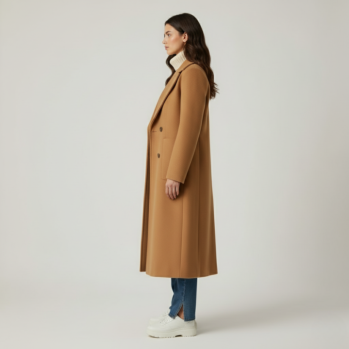 Długi brązowy płaszcz zimowy damski