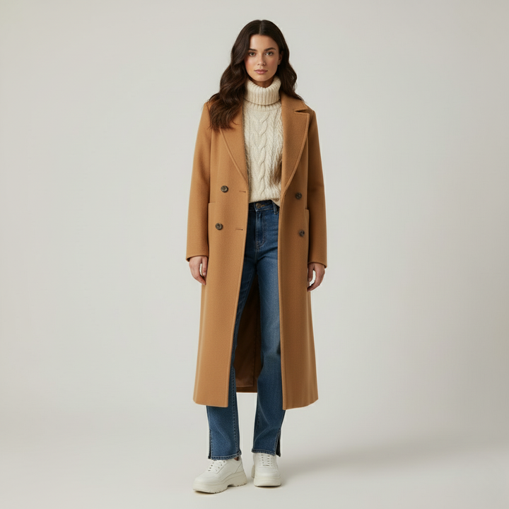 Długi brązowy płaszcz zimowy damski