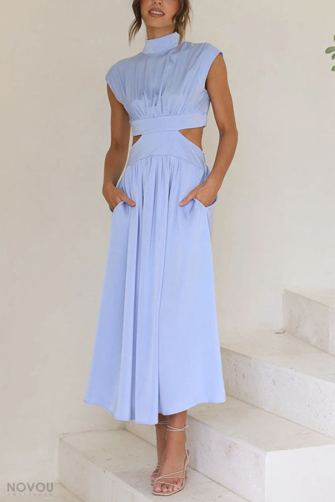 Elegancka letnia sukienka midi z golfem i wycięciem w talii – Avelina-Niebieski-S-Trend Polska