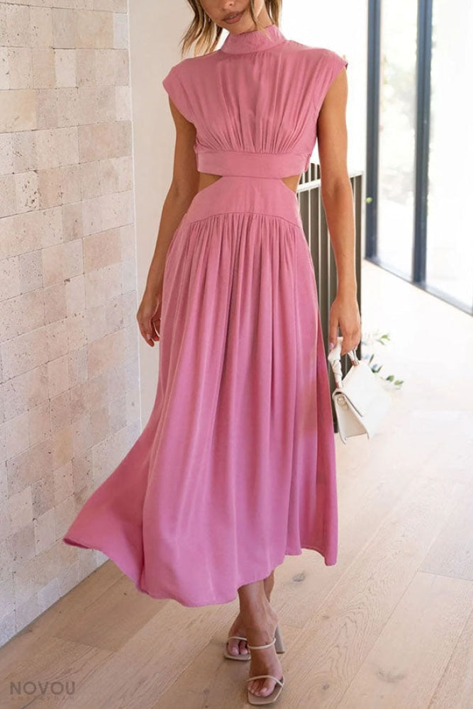 Elegancka letnia sukienka midi z golfem i wycięciem w talii – Avelina-Róża-S-Trend Polska
