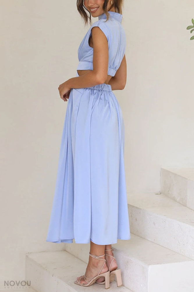 Elegancka letnia sukienka midi z golfem i wycięciem w talii – Avelina-Czarny-S-Trend Polska