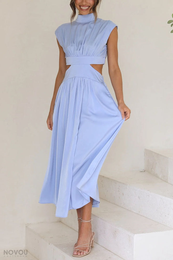 Elegancka letnia sukienka midi z golfem i wycięciem w talii – Avelina-Czarny-S-Trend Polska
