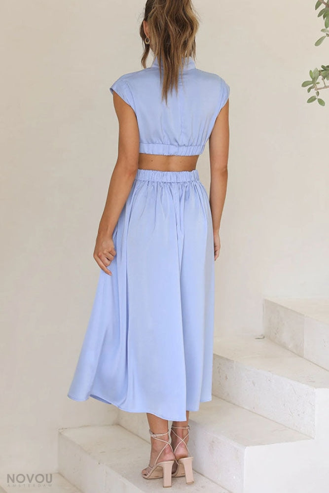 Elegancka letnia sukienka midi z golfem i wycięciem w talii – Avelina-Czarny-S-Trend Polska