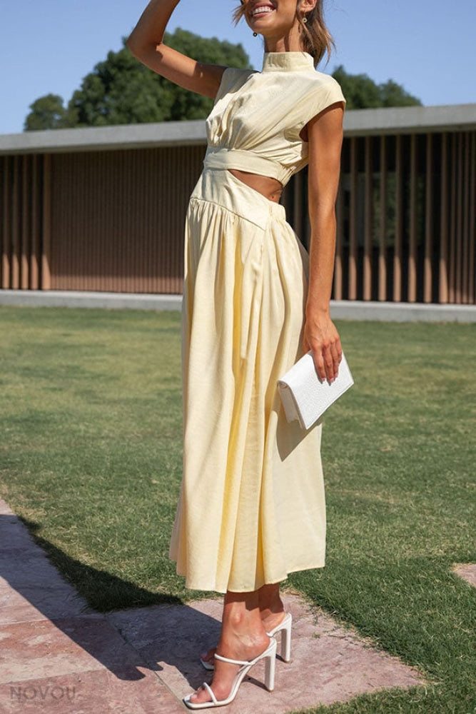 Elegancka letnia sukienka midi z golfem i wycięciem w talii – Avelina-Czarny-S-Trend Polska
