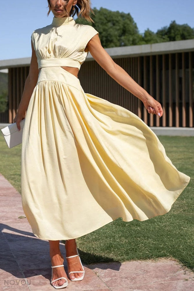Elegancka letnia sukienka midi z golfem i wycięciem w talii – Avelina-Czarny-S-Trend Polska