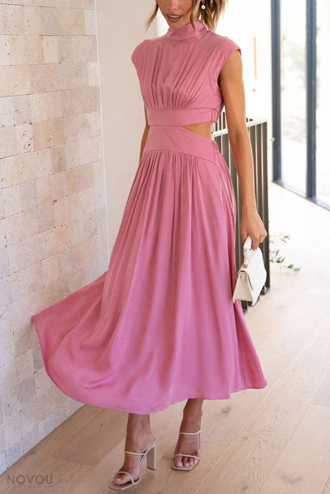 Elegancka letnia sukienka midi z golfem i wycięciem w talii – Avelina-Czarny-S-Trend Polska