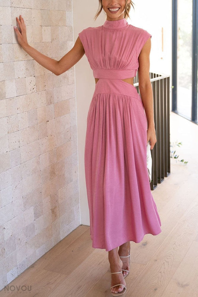 Elegancka letnia sukienka midi z golfem i wycięciem w talii – Avelina-Czarny-S-Trend Polska