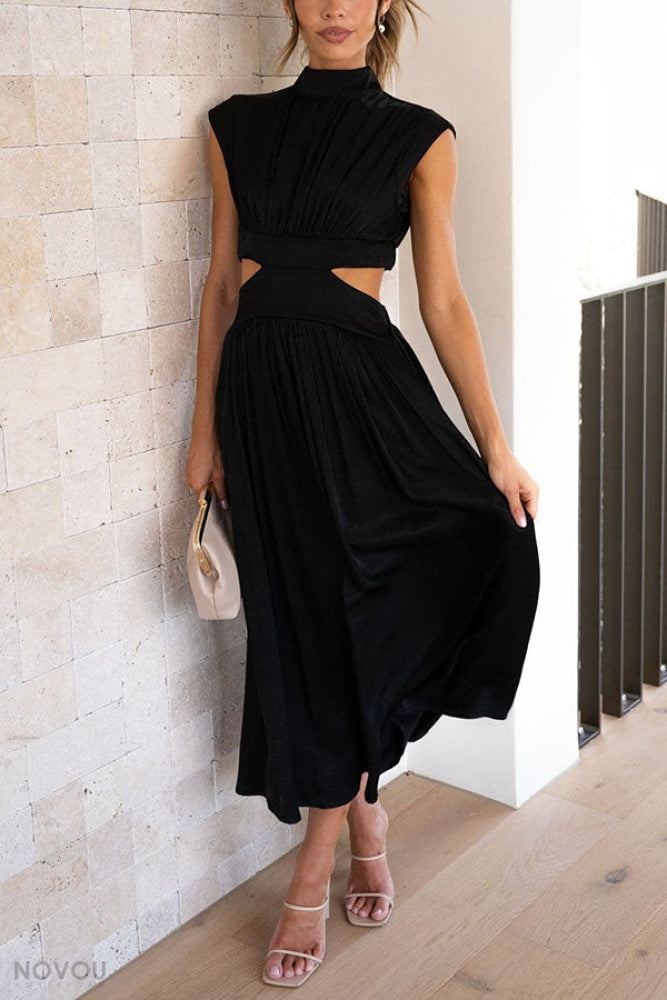 Elegancka letnia sukienka midi z golfem i wycięciem w talii – Avelina-Czarny-S-Trend Polska