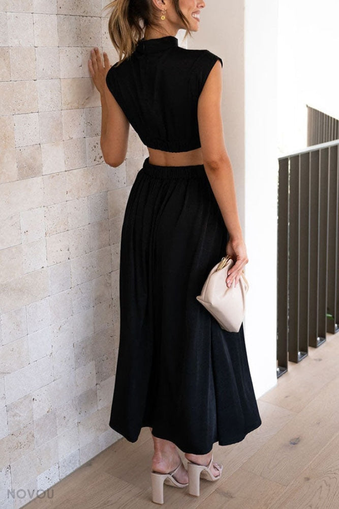 Elegancka letnia sukienka midi z golfem i wycięciem w talii – Avelina-Czarny-S-Trend Polska
