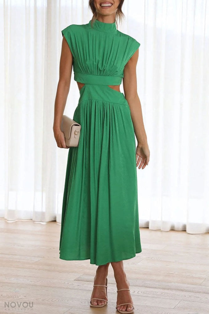Elegancka letnia sukienka midi z golfem i wycięciem w talii – Avelina-Czarny-S-Trend Polska