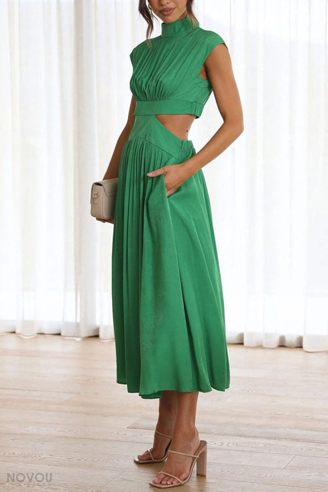 Elegancka letnia sukienka midi z golfem i wycięciem w talii – Avelina-Czarny-S-Trend Polska
