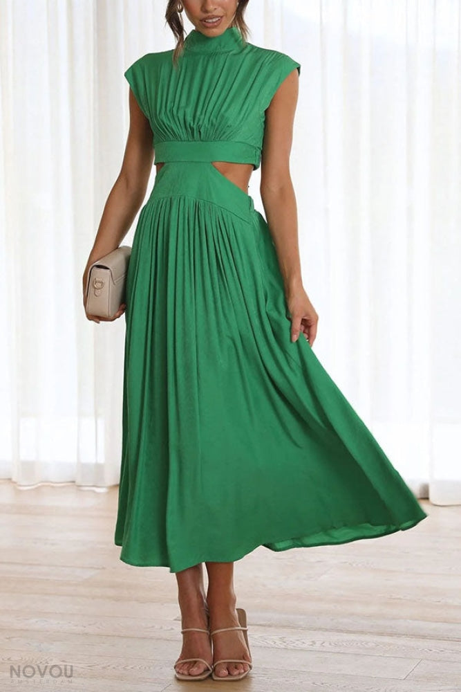 Elegancka letnia sukienka midi z golfem i wycięciem w talii – Avelina-Czarny-S-Trend Polska