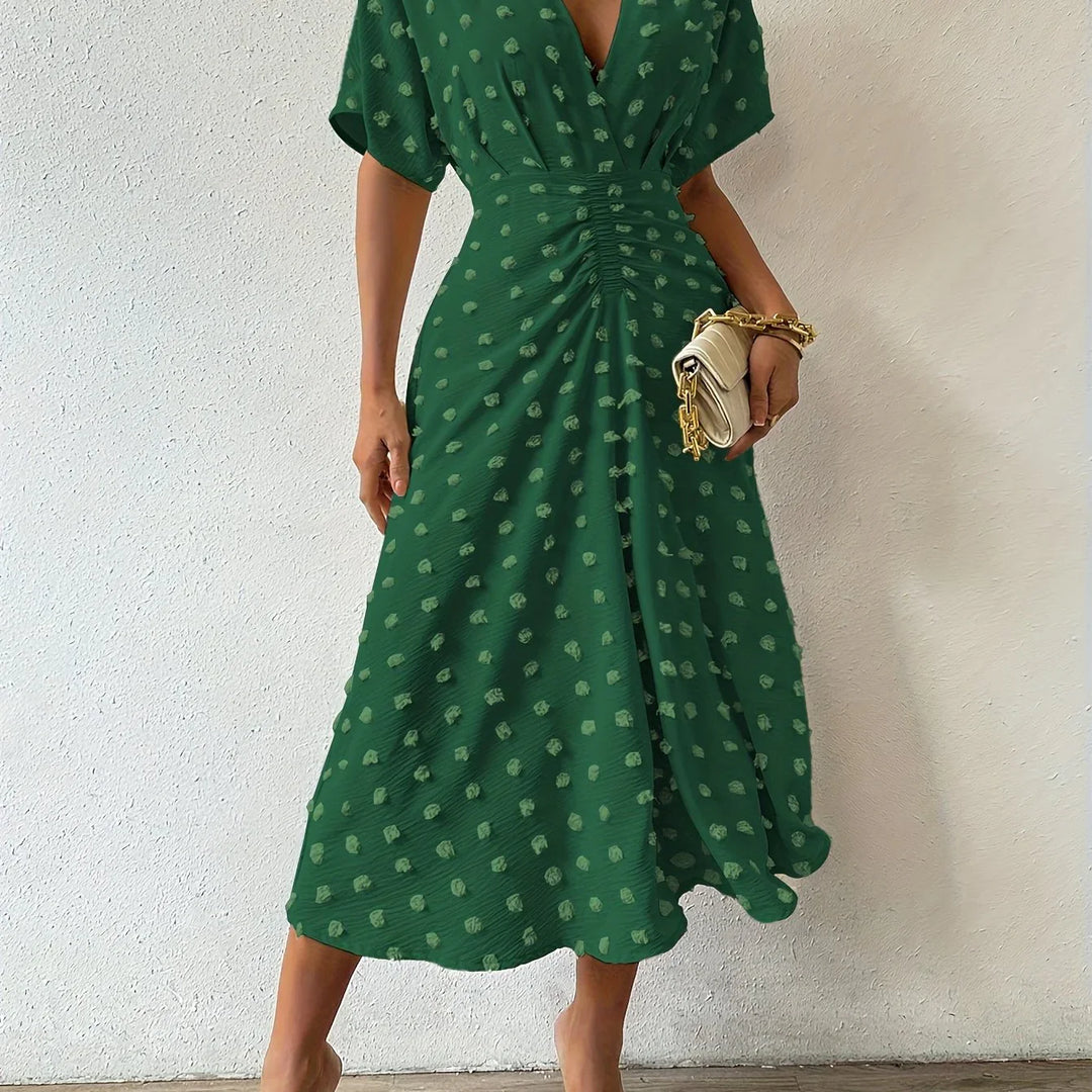 Elegancka Midi Sukienka z Fala z Faldami | Sukienka Wieczorowa-S-Ciemnozielony-Trend Polska