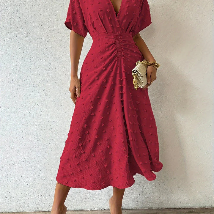 Elegancka Midi Sukienka z Fala z Faldami | Sukienka Wieczorowa-S-Czerwony-Trend Polska