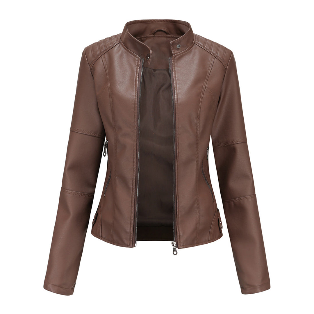 Elegancka skórzana kurtka damska - Romy-Ciemnobrązowy-XS-Trend Polska