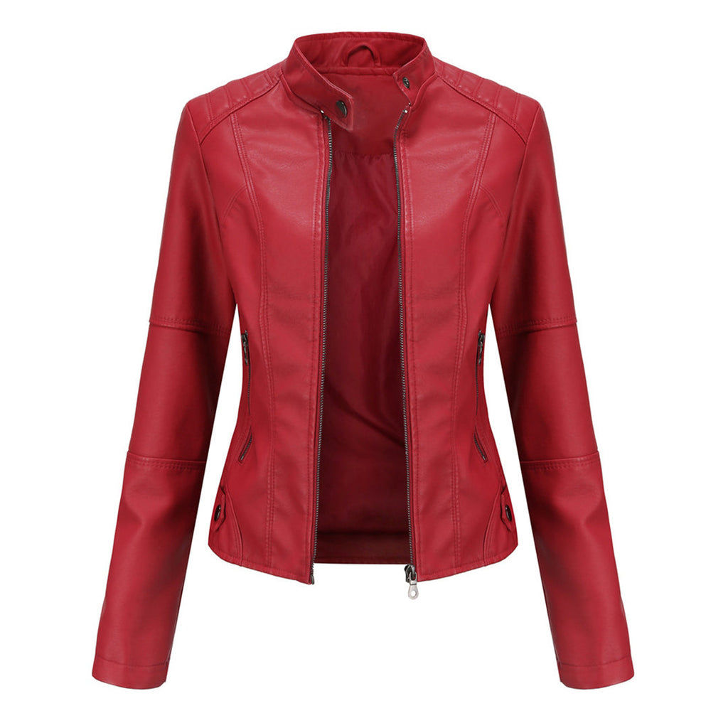 Elegancka skórzana kurtka damska - Romy-Czerwony-XS-Trend Polska