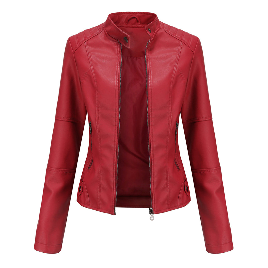 Elegancka skórzana kurtka damska - Romy-Czerwony-XS-Trend Polska