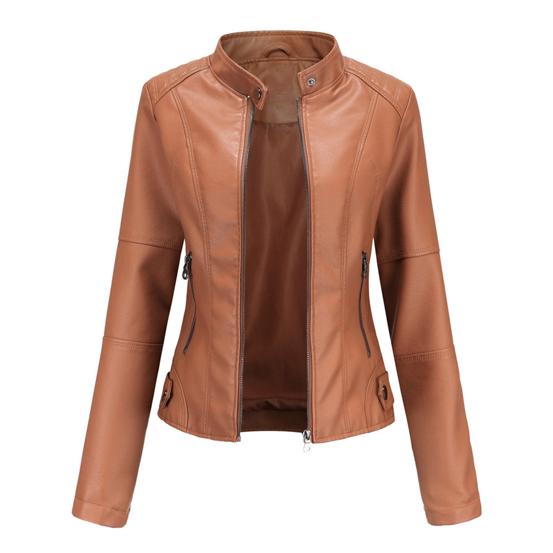 Elegancka skórzana kurtka damska - Romy-Jasny brązowy-XS-Trend Polska