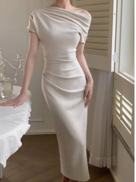 Elegancka sukienka maxi Bodycon z odkrytymi ramionami – Valentina-Beżowy-S-Trend Polska