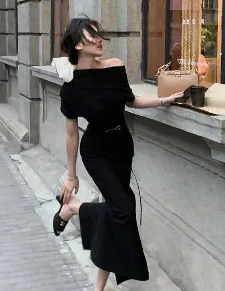 Elegancka sukienka maxi Bodycon z odkrytymi ramionami – Valentina-Czarny-S-Trend Polska