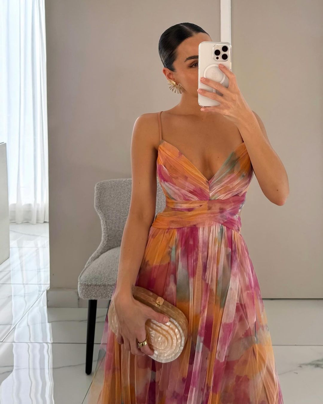 Elegancka sukienka maxi z siateczki o dopasowanym kroju – Camille-Pomarańcza-S-Trend Polska