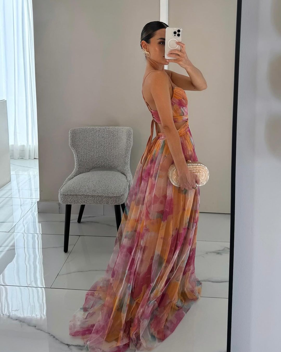 Elegancka sukienka maxi z siateczki o dopasowanym kroju – Camille-Pomarańcza-S-Trend Polska