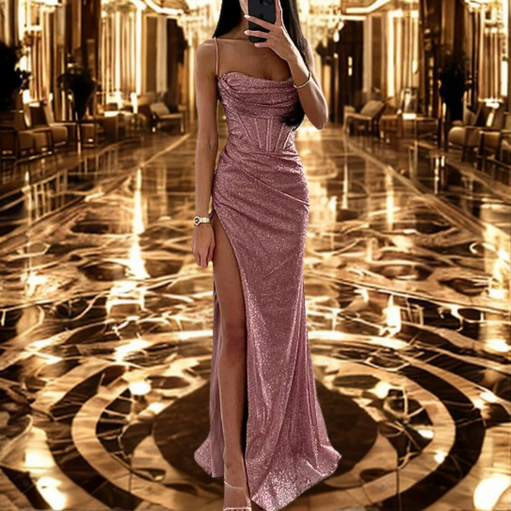 Elegancka sukienka wieczorowa z satyny z dekoltem w kształcie serca – Aurora-Róża-S-Trend Polska