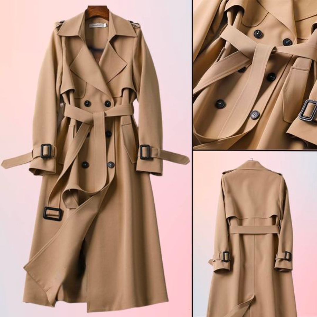 Elegancki płaszcz damski z podwójnymi guzikami – Celina-Khaki-S-Trend Polska