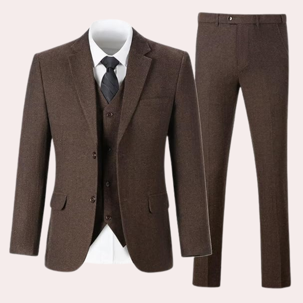 Elegancki Trzyczęściowy Garnitur Męski - Dorian-Brązowy-S-Trend Polska