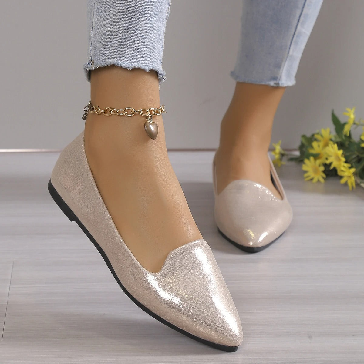 Eleganckie baleriny z koronką i elastycznymi wstawkami - Vivienne-Złoto-35-Trend Polska