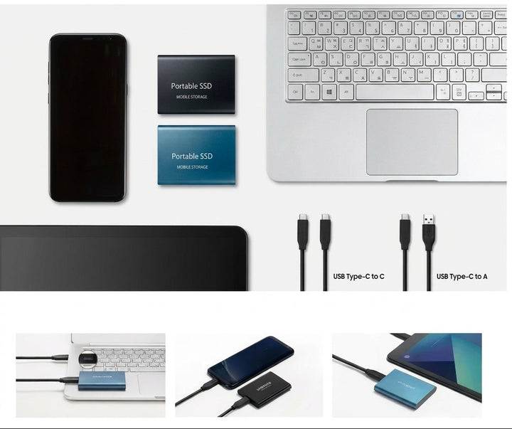 Zestaw na jasnym tle: telefon, dwa dyski, laptop, dwa kable USB-C oraz trzy przykłady podłączenia do urządzeń 5