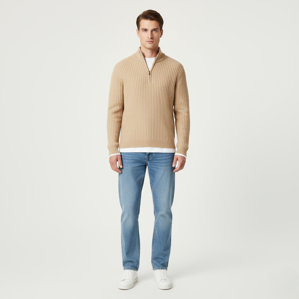 Męski Beżowo-Brązowy Sweter na Zamek