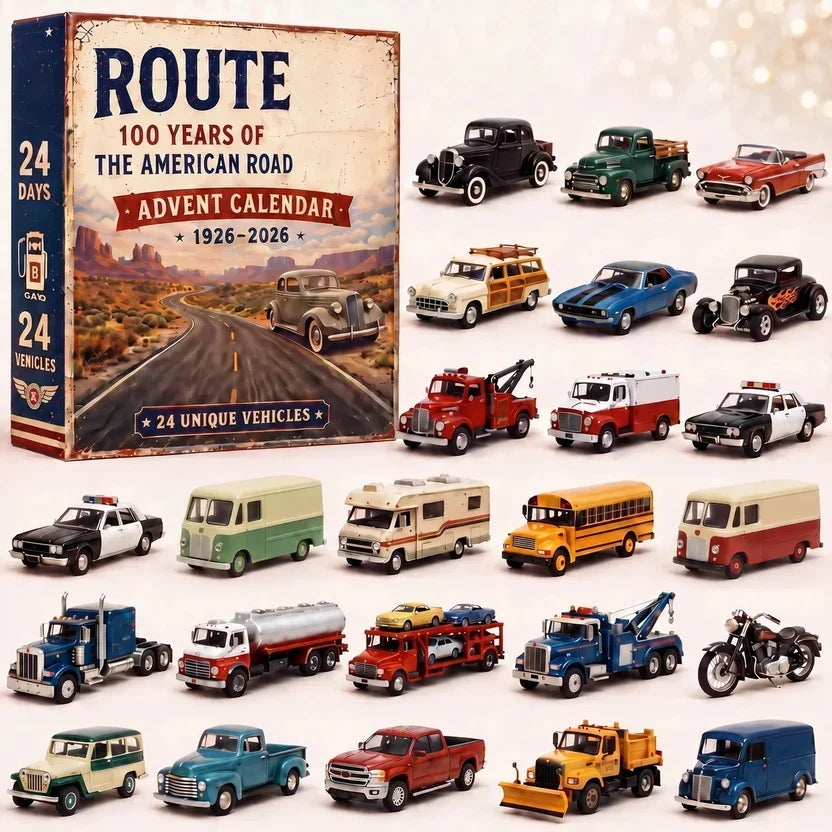 Pudełko z retro grafiką drogi i 24 miniatury pojazdów: auta, ciężarówki, autobus, kamper i motocykl 6