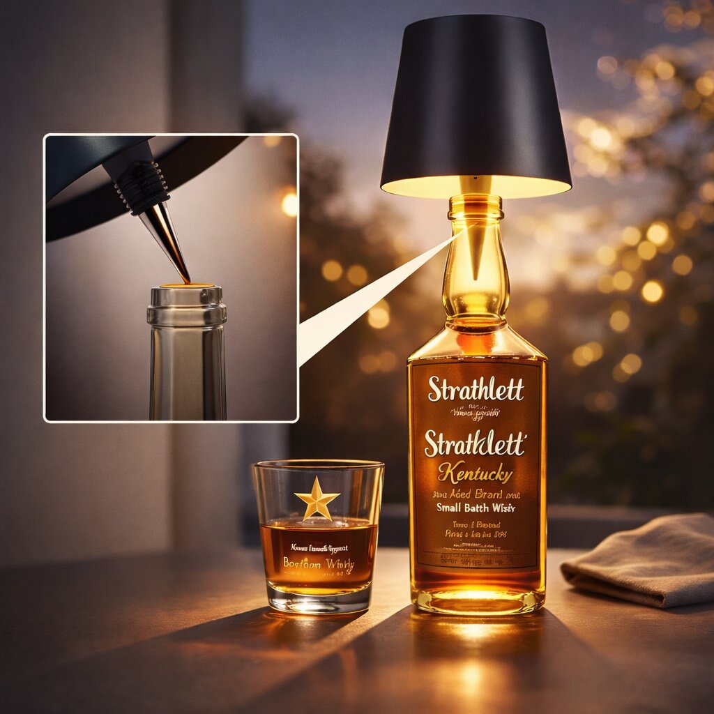 Czarny klosz na butelce whisky wieczorem, z powiększonym wstawką pokazującą stożkowy korek w szyjce 4